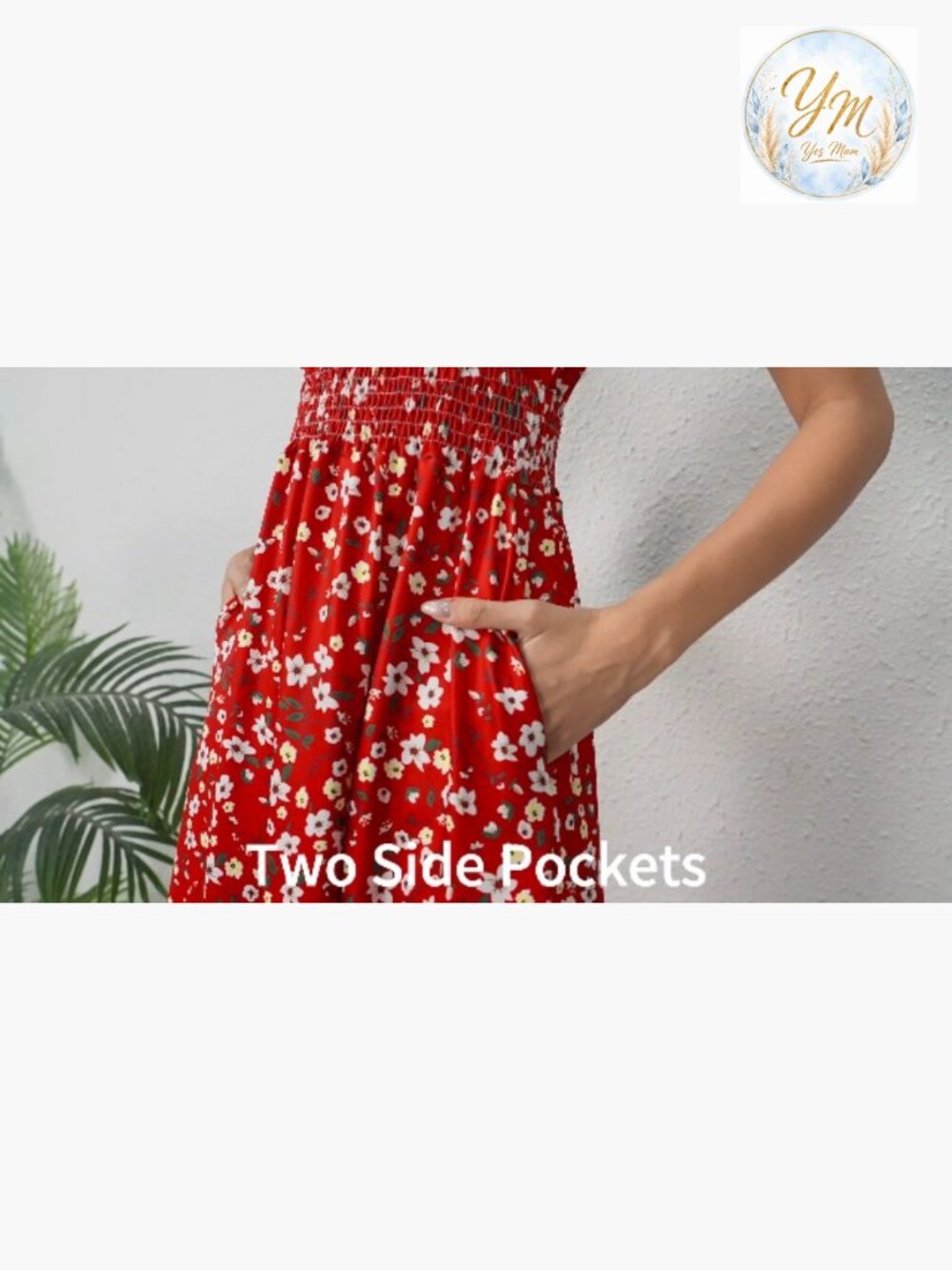 Midi Floral Dress - Short Sleeve Wrap V-Neck Smocked Waist A-Line with Pockets - Picture 7 of 7